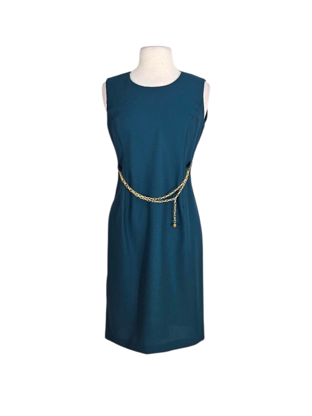 R&M Richards Teal Sheath Dress With Gold Chain Belt